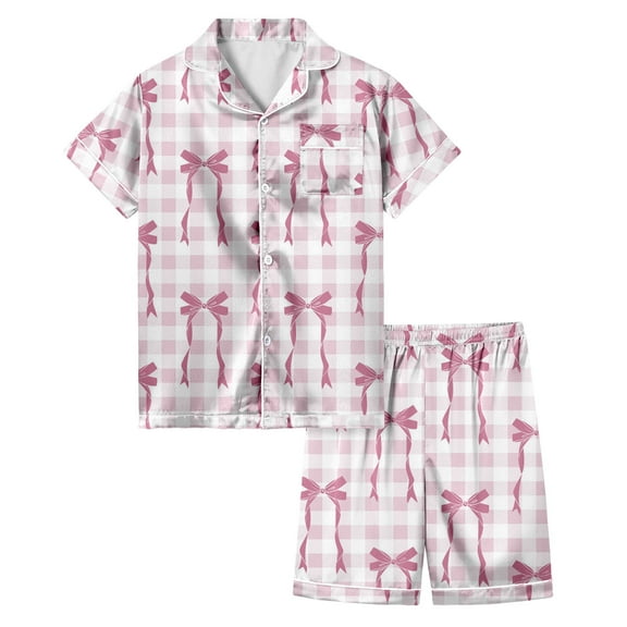 Hiijoy Pajamas for Girls Bow Print Button-Down Shirt & Shorts Sleepwear Nightwear, Sizes 10-11Y