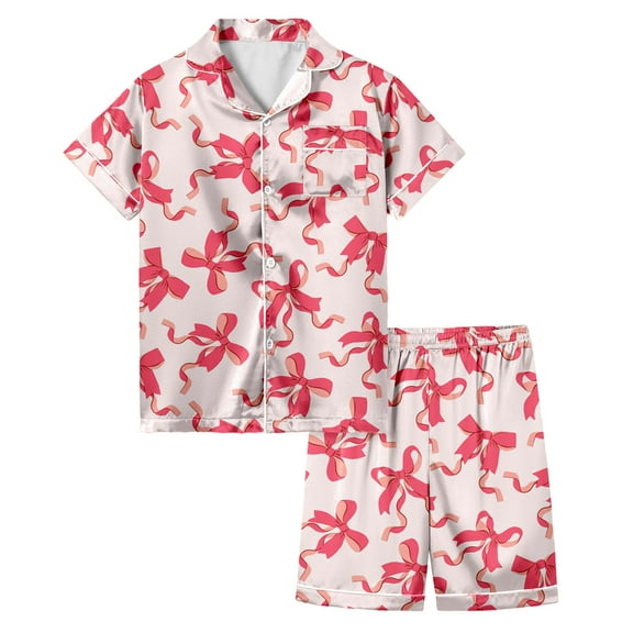 Hiijoy Pajamas for Girls Bow Print Short Sleeve Button Shirt Shorts Loungewear, Sizes 8-9Y
