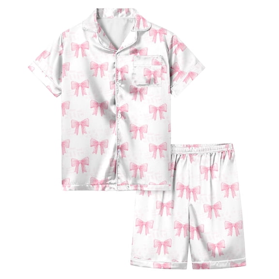 Hiijoy Pajamas for Girls Bow Prints Short Sleeve Button Shirt Shorts Sleepwear, Sizes 6-7Y