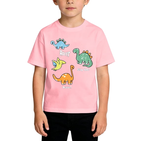 Hiijoy Pink T-Shirt for Boy Kids Cute Dinosaur Short Sleeve Crewneck Tees, Sizes 2-14