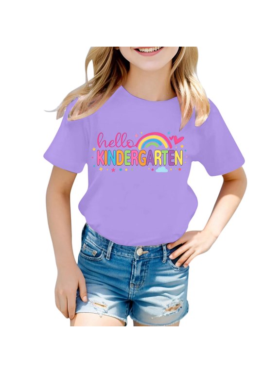 Purple T Shirt for Girls Back-To-School Preppy Short Sleeves Tee Shirt, Sizes 1-13