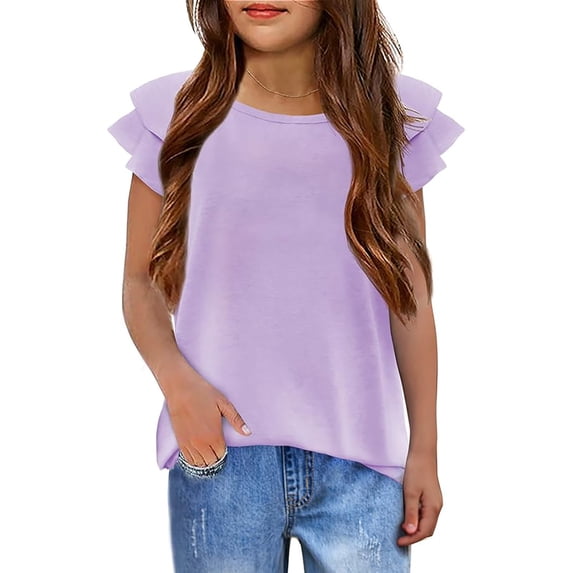 Hiijoy Purple Tees for Girls Casual Ruffle Short Sleeves Round Neck T-Shirts, Sizes 3-12