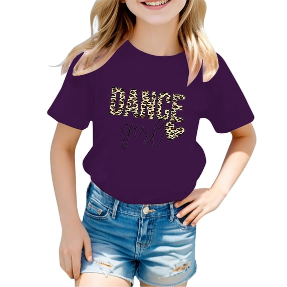 Hiijoy Purple Tees for Girls Letter Print Leopard Short Sleeve Crewneck T-Shirts, Sizes 3-14