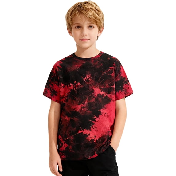 Hiijoy Red T-Shirt for Boy Tie Dyed Loose Fit Short Sleeves Round Neck Tees, Sizes 2-13