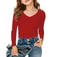 thumbnail image 1 of Hiijoy Red Tees for Girls Ribbed Stretch Solid Basic Long Sleeves V-Neck T-Shirts, Sizes 7-14, 1 of 4
