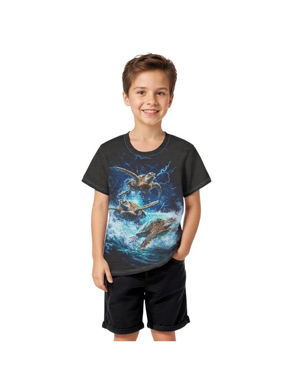 Summer Boys Turtle Graphic Tee Casual Short Sleeve Crew Neck T-Shirt, Sizes 5-6