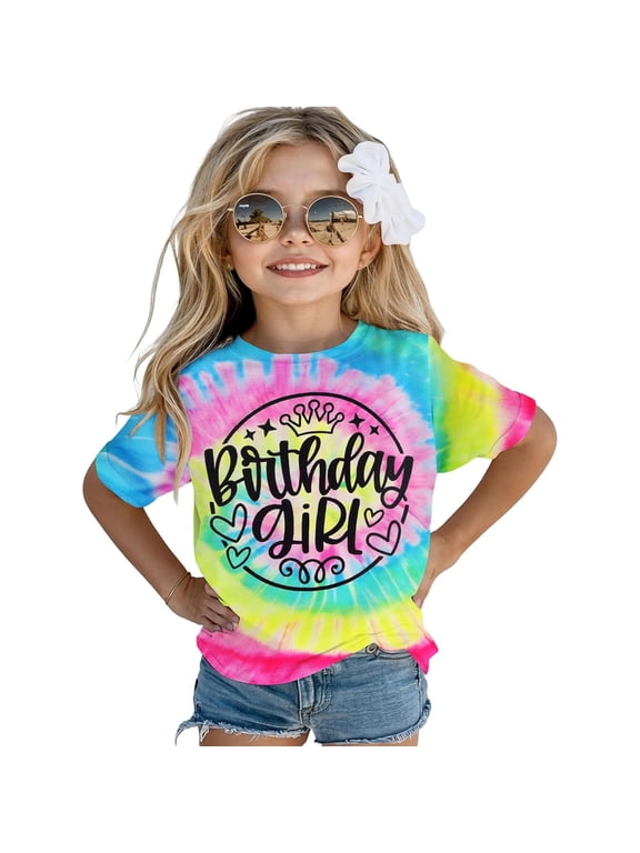 T Shirt for Girls Birthday Tie Dye Short Sleeves O Neck Tee Shirt, Sizes 1-13