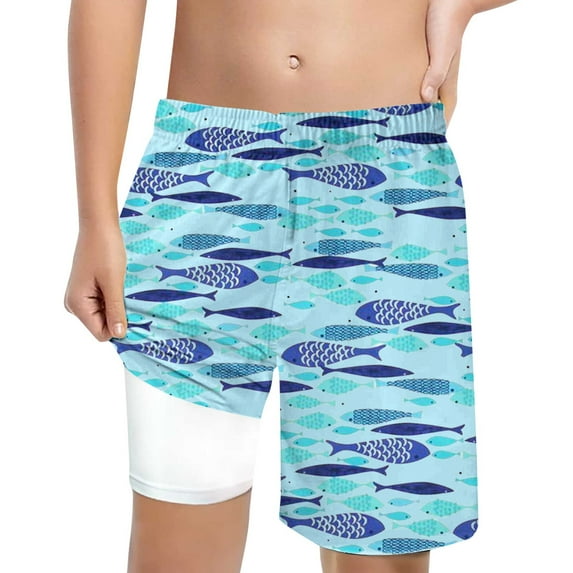Hiijoy Teen Boys Fish Print Quick Drying Swim Trunks with Compression Liner