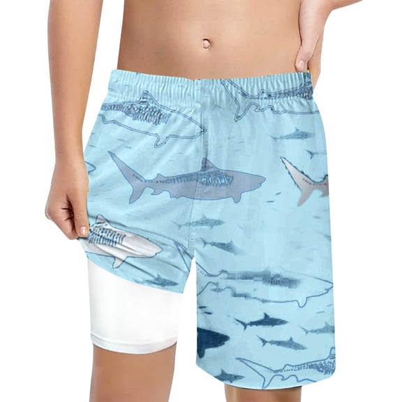 Hiijoy Teen Boys Shark Print Quick Drying Swim Trunks with Compression Liner
