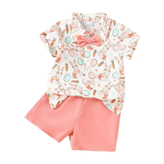 Hiijoy Toddler Boy Easter Outfits Rabbit Prints Short Sleeved Button-Down Shirt Shorts Set