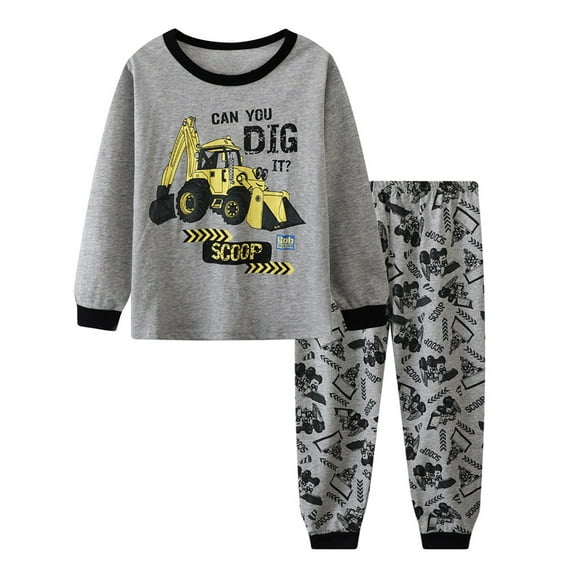 Hiijoy Toddler Boy's Pajamas Cartoon Excavator Print Long Sleeve T-Shirt Pants Sleepwear
