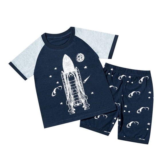 Hiijoy Toddler Boy's Rocket Print Cotton Short Sleeve T-Shirt & Shorts Outfits, Sizes 2-8