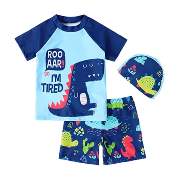 Hiijoy Toddler Boys 2-Piece Swimsuit Cartoon Dinosaur Short Sleeve Rash Guards Shorts Quick Drying Bathing Suit, Sizes 2-7