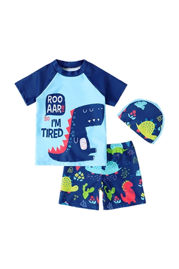 Toddler Boys 2-Piece Swimsuit Cartoon Dinosaur Short Sleeve Rash Guards Shorts Quick Drying Bathing Suit, Sizes 2-7