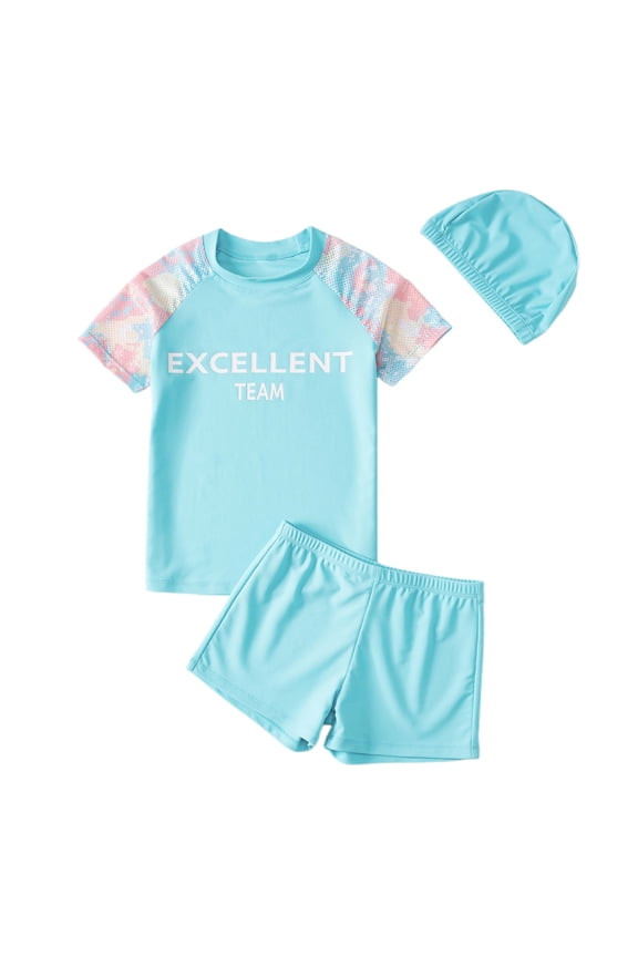 Toddler Boys Cartoon Print Short Sleeve Swin Shirt Shorts Hat 3-Piece Swimsuit, Sizes 1-8