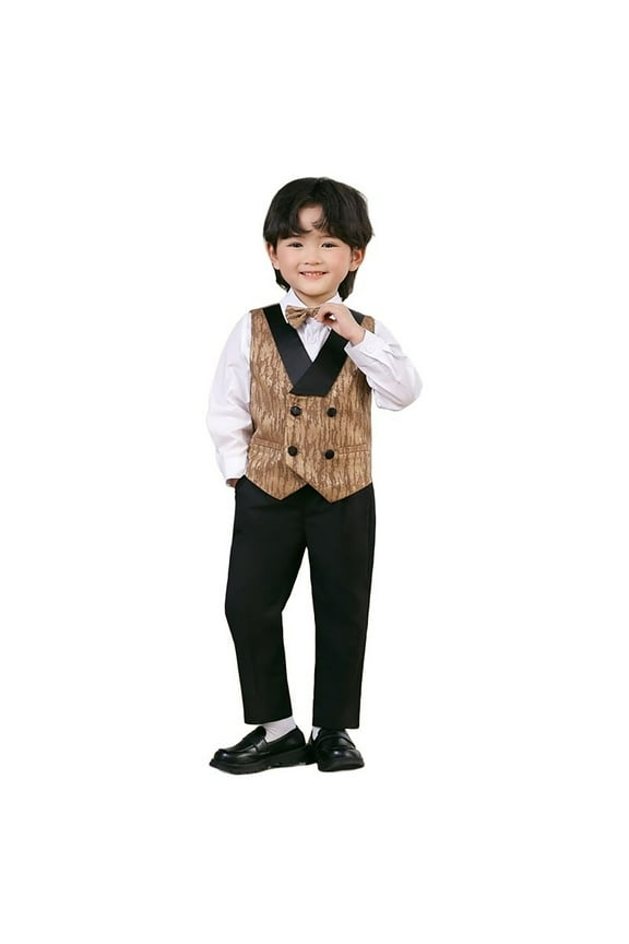 Toddler Boys Formal Suit Waistcoat Trousers Bow Tie Tuxedo Outfits, Sizes 3-4T