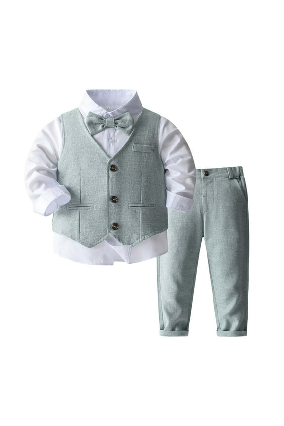 Toddler Boys Formal Tuxedo Suit Bow Tie Long Sleeve Dress Shirt Waistcoat Trousers 4Pcs Set, Sizes 3-4T