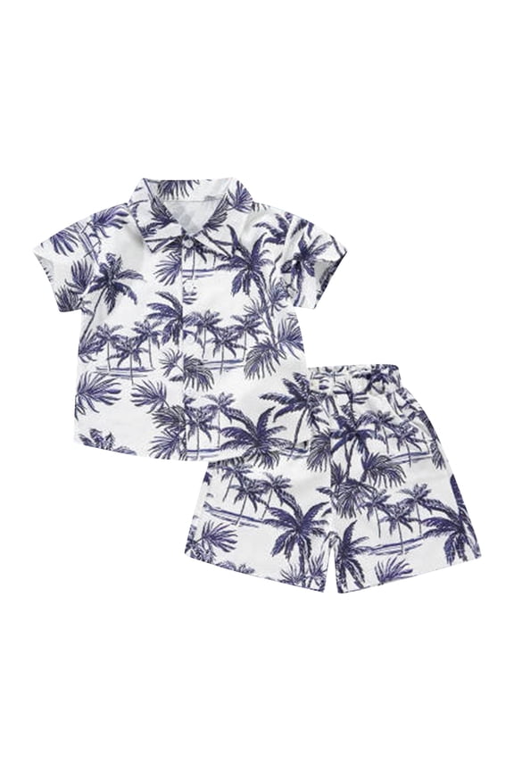 Toddler Boys Hawaii Beach Outfit Tropical Print Short Sleeve Shirt Shorts Set, Sizes 12M-5T