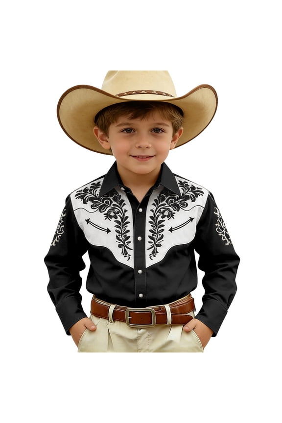 Toddler Boys Long Sleeve Cowboy Shirt Vintage Western Button Up Shirt, Sizes 4-5