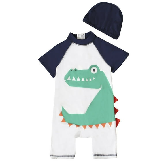 Hiijoy Toddler Boys One-Piece Swimsuit Cartoon Dinosaur Short Sleeve Rash Guard, Sizes 3-7