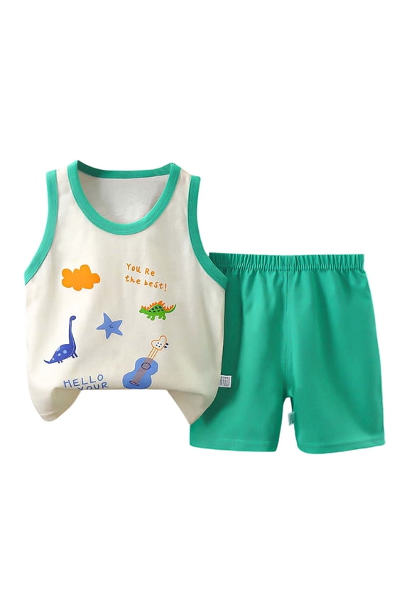 Toddler Boys Outfits Cartoon Print Breathable Tank Top & Shorts Summer Clothes Set, Sizes 2-3T