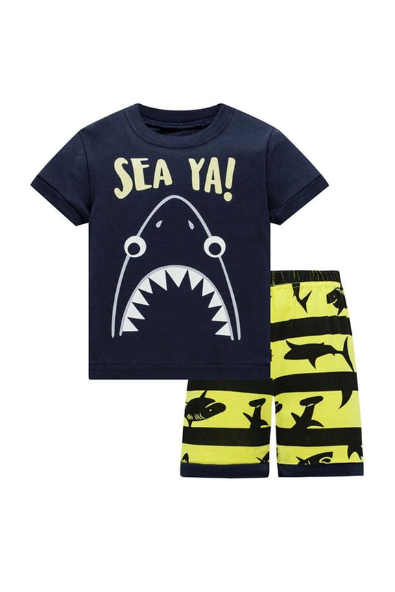 Toddler Boys Outfits Shark Print Short Sleeved T Shirt & Shorts Set, Sizes 2-8