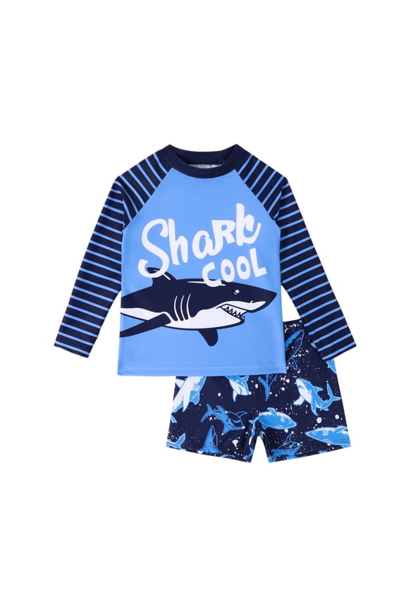 Toddler Boys Shark Print Swimsuit Long Sleeved Rash Guards Bathing Suit, Sizes 4-8