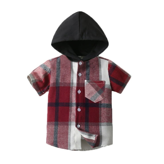 Hiijoy Toddler Boys Short Sleeve Hooded Plaid Shirt Casual Summer Button Down Shirt,Red