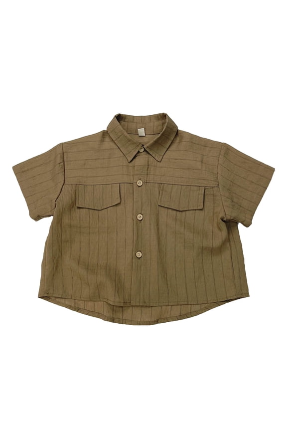 Toddler Boys Striped Button-Down Shirt Cotton Short Sleeve Shirt, Khaki