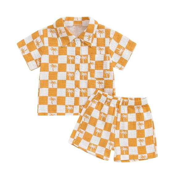 Hiijoy Toddler Boys Summer Beach Outfits Checkered Coconut Tree Print Button Down Shirt Shorts Set, Sizes 3-4T