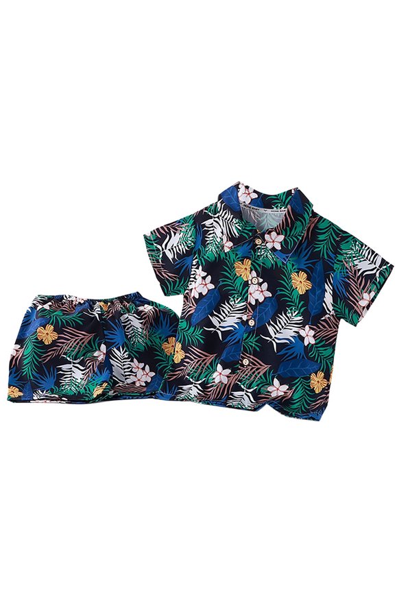Toddler Boys Summer Beach Outfits Tropical Print Button Down Shirt & Shorts Set, Sizes 2-3T