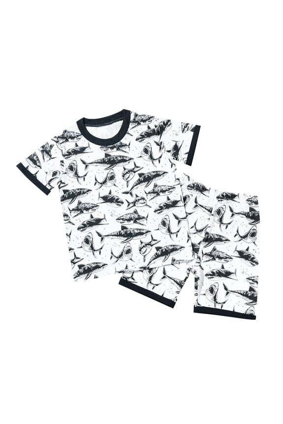 Toddler Boys Summer Outfits Shark Print Short Sleeve T-Shirt Shorts Set, Sizes 2-8