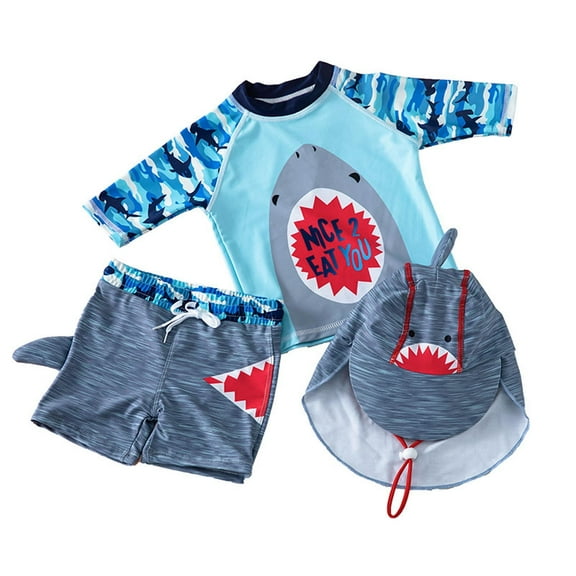 Hiijoy Toddler Boys Swimsuit Shark Print Rash Guard Quick Drying Bathing Suit, 3-Piece, Sizes 12M-5T