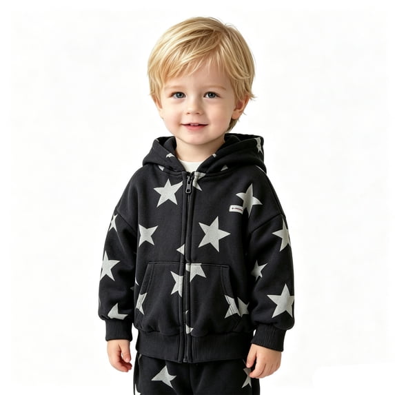 Hiijoy Toddler Boys Zip Up Hoodie Star Print Hooded Sweatshirt Kids Light Jacket, Black