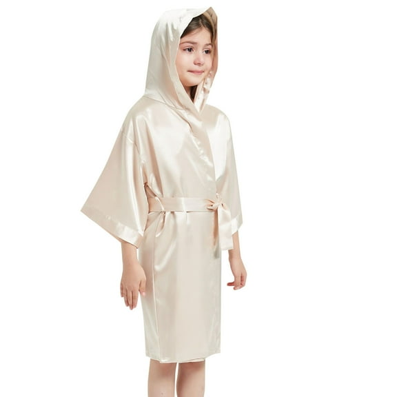 Hiijoy Toddler Girl's Silk Satin Bathrobe Solid Color Hooded Kimono Robe Nightgown Sleepwear