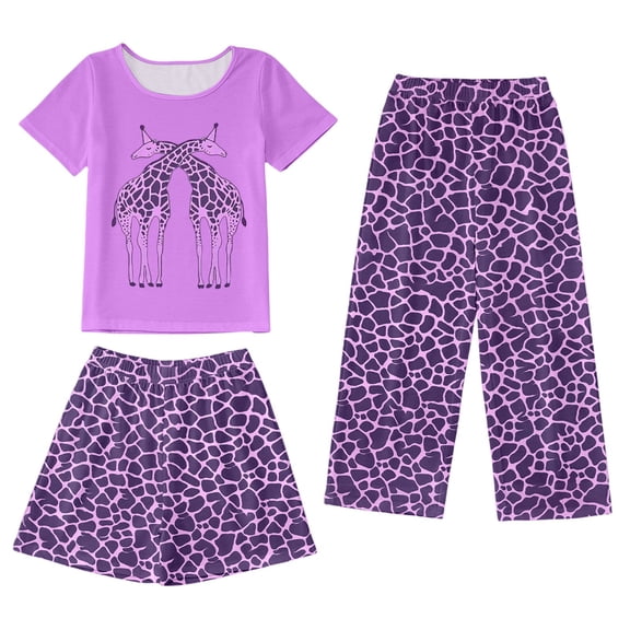 Hiijoy Toddler Girls 3Pcs Pajamas Giraffe Print T Shirt Shorts Pants Homewear, Sizes 3-4T