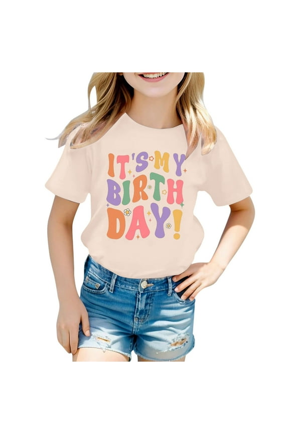 Toddler Girls' Birthday T Shirt Letter Print Short Sleeved T-Shirt, Sizes 1-13