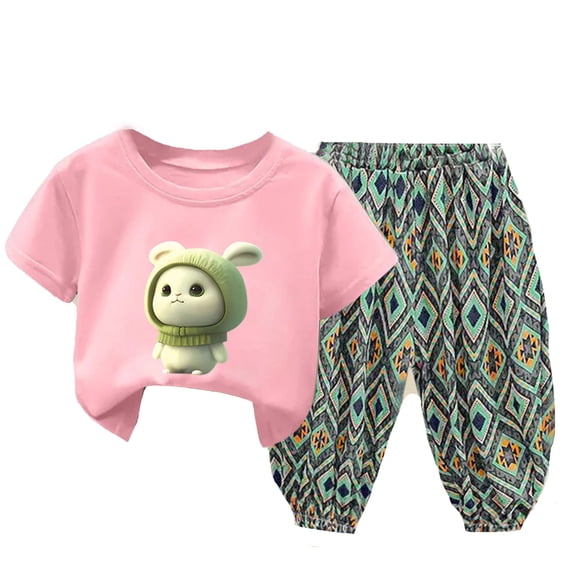 Hiijoy Toddler Girls Casual Outfits Cartoon Bunny Short Sleeve T-Shirt Pants Set, Sizes 1-10