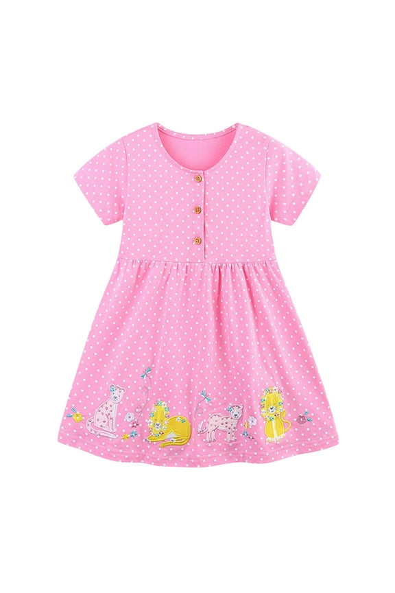 Toddler Girls Casual Short Sleeve Dress Polka Dot Animal Embroidered Cotton Dress