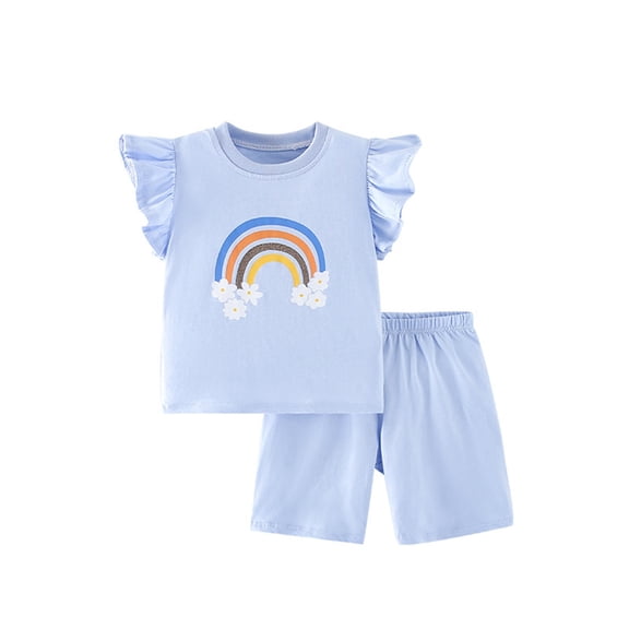 Hiijoy Toddler Girls Cotton Rainbow Print Ruffle Sleeve T-Shirt Shorts Outfits, Sizes 2-3T