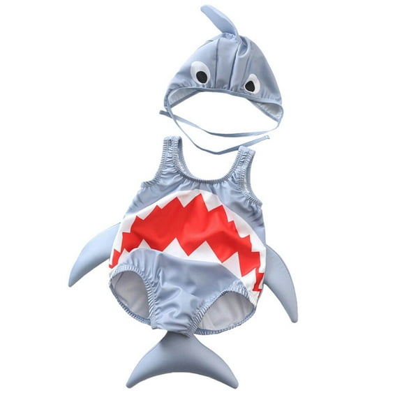 Hiijoy Toddler Girls Cute Cartoon Shark One-Piece Swimsuit with Hat Bathing Suit Swimwear