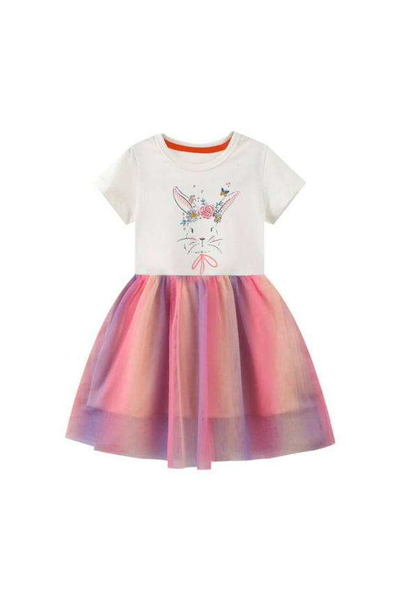 Toddler Girls Easter Dress Rabbit Print Short Sleeve Tutu Dress Cotton Casual Dress