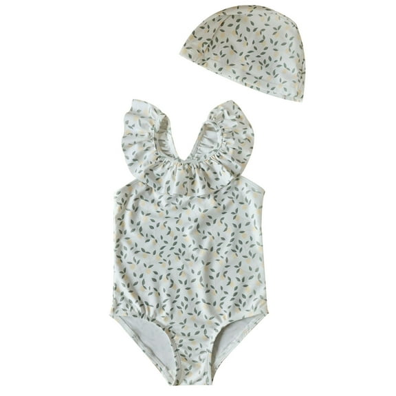 Hiijoy Toddler Girls Floral Ruffle One-Piece Swimsuit with Swim Hat Bathing Suit, Sizes 1-8