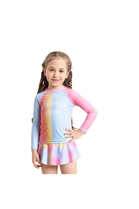 Toddler Girls Gradient Letter Print Long Sleeved Swim Shirt Skort Swimsuit, Sizes 4-9