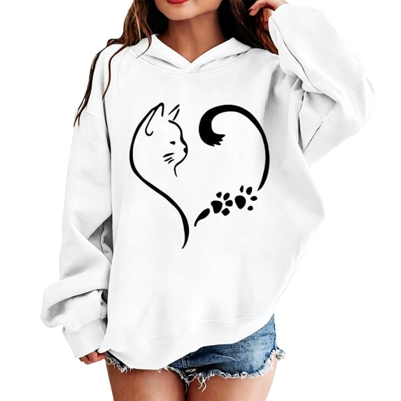 Hiijoy Toddler Girls Graphic Hoodie Cute Cat Print Lightweight Pullover Sweatshirt, White, Sizes 3-10