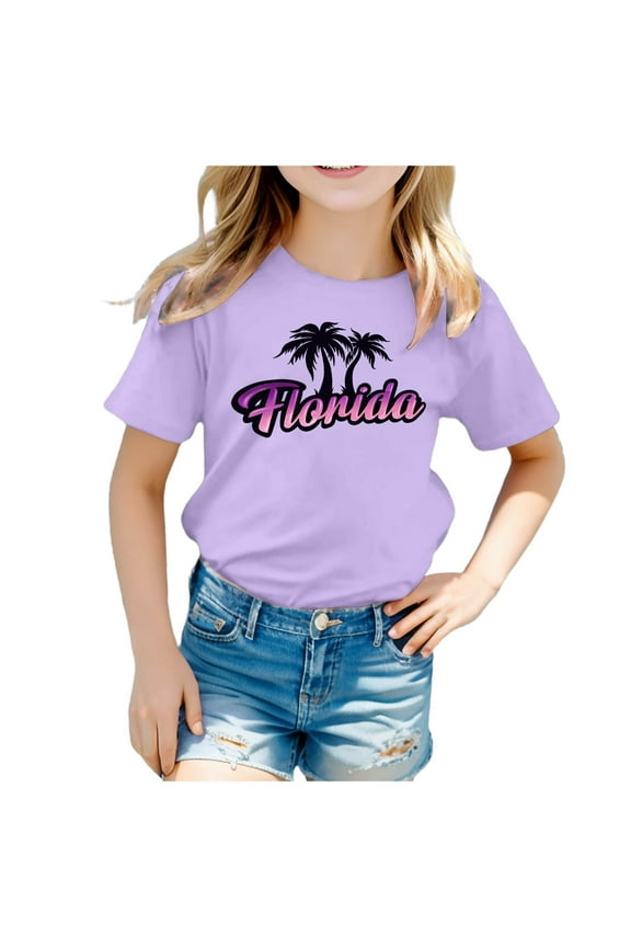 Toddler Girls Graphic Tee Florida Printed Short Sleeved T Shirt Casual Kids T-Shirt