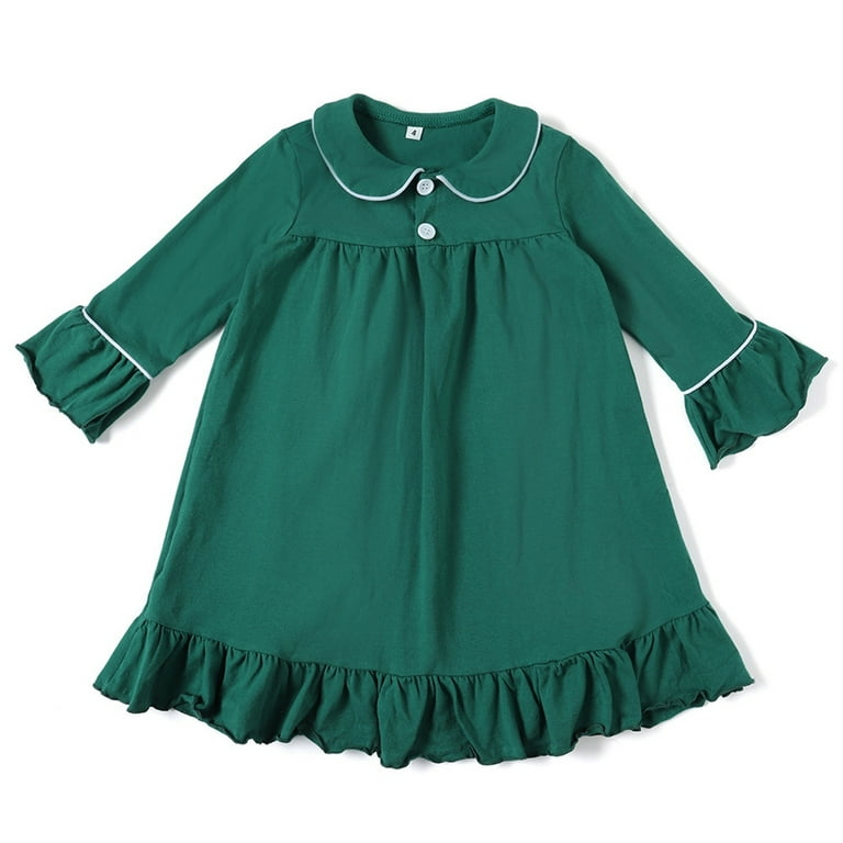 Hiijoy Toddler Girls Green Nightgown Ruffle Long Sleeves Cotton