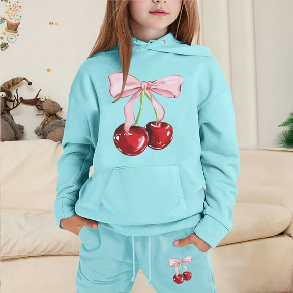 Hiijoy Toddler Girls Hoodie Outfits Cherry Printed Hooded Sweatshirt Sweatpants Sweatsuit