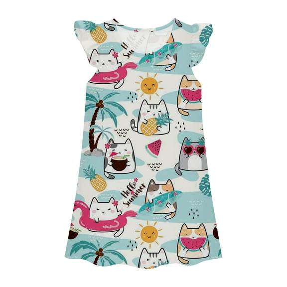Hiijoy Toddler Girls Nightdress Cute Cartoon Cat Print Summer Nightgown Sleepshirt, Sizes 3-10