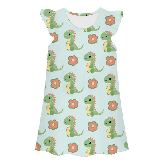 Hiijoy Toddler Girls Nightdress Dinosaur Print Sleeveless Nightgown Homewear, Sizes 3-10